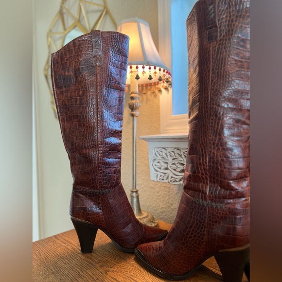 Free People Brown Croc-Embossed Knee-High Boots - Picture 7 of 11